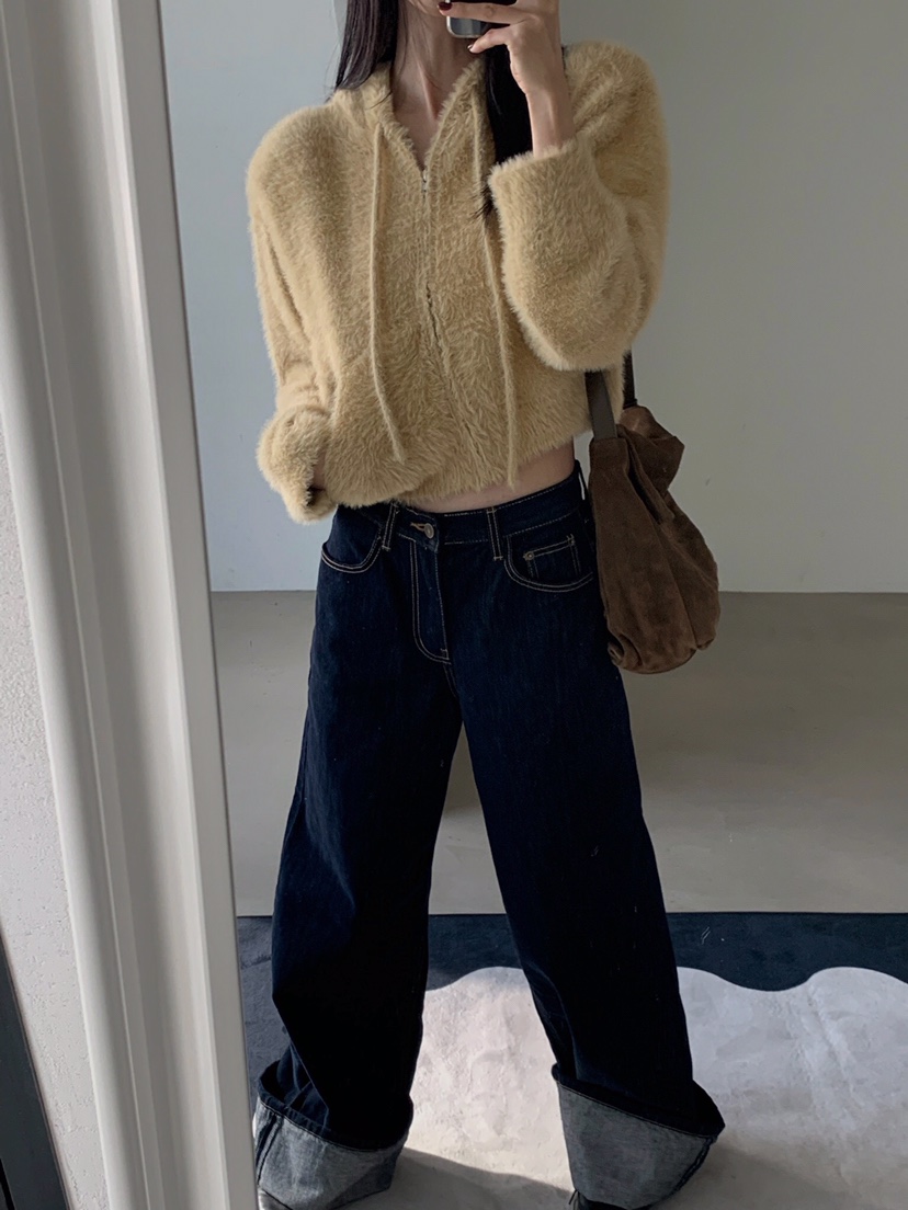 VERANDA韓國直郵㊣女士新品熱賣25秋冬針織衫連帽拉鏈衫貂皮VERANDA針織衫