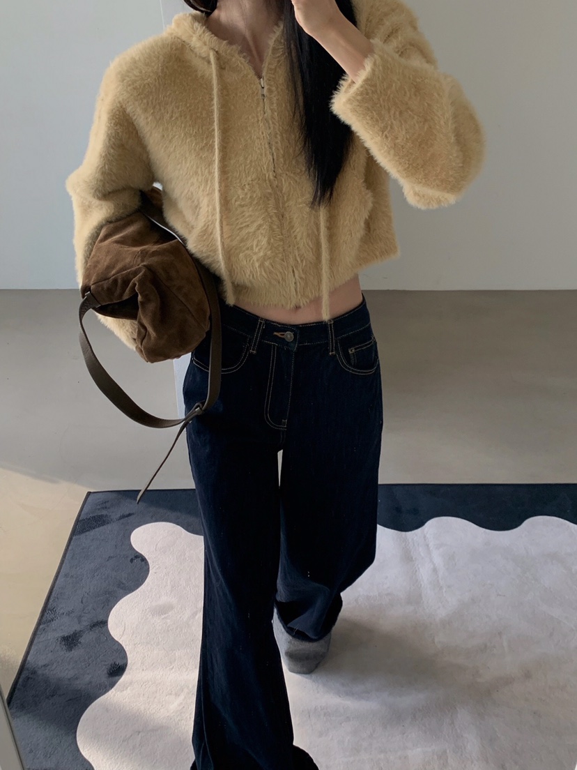 VERANDA韓國直郵㊣女士新品熱賣25秋冬針織衫連帽拉鏈衫貂皮VERANDA針織衫