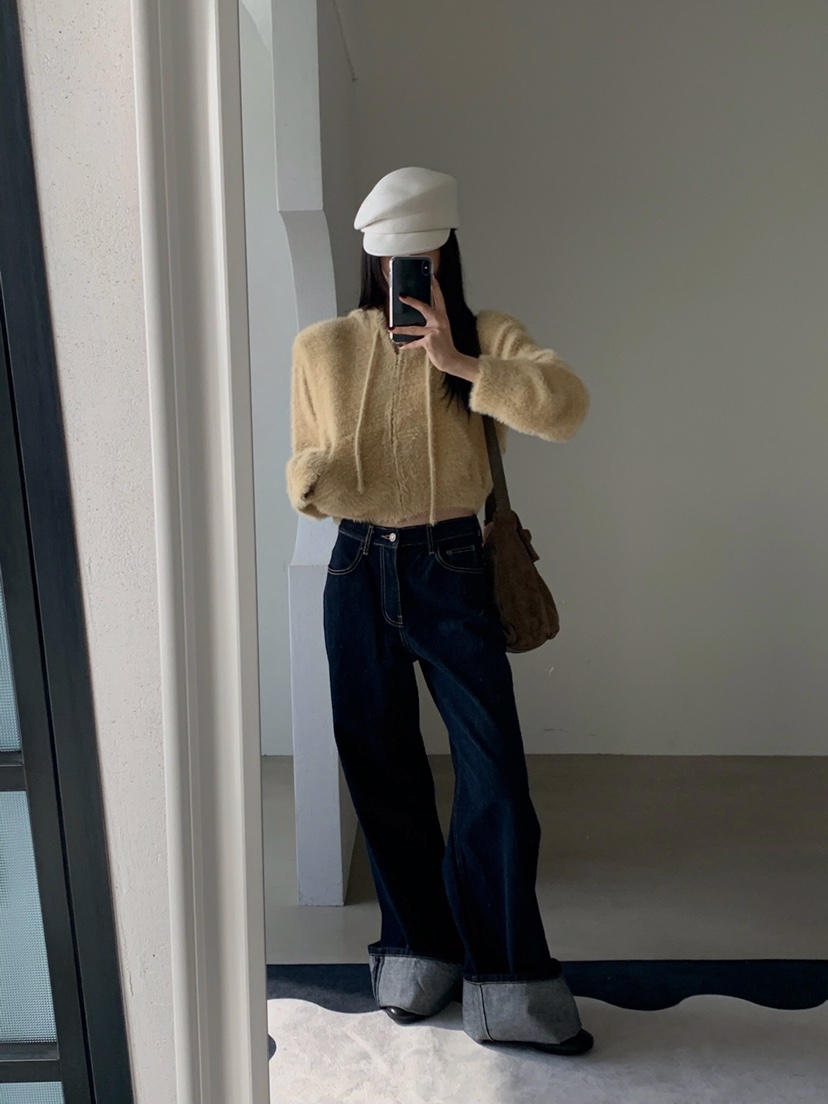 VERANDA韓國直郵㊣女士新品熱賣25秋冬針織衫連帽拉鏈衫貂皮VERANDA針織衫