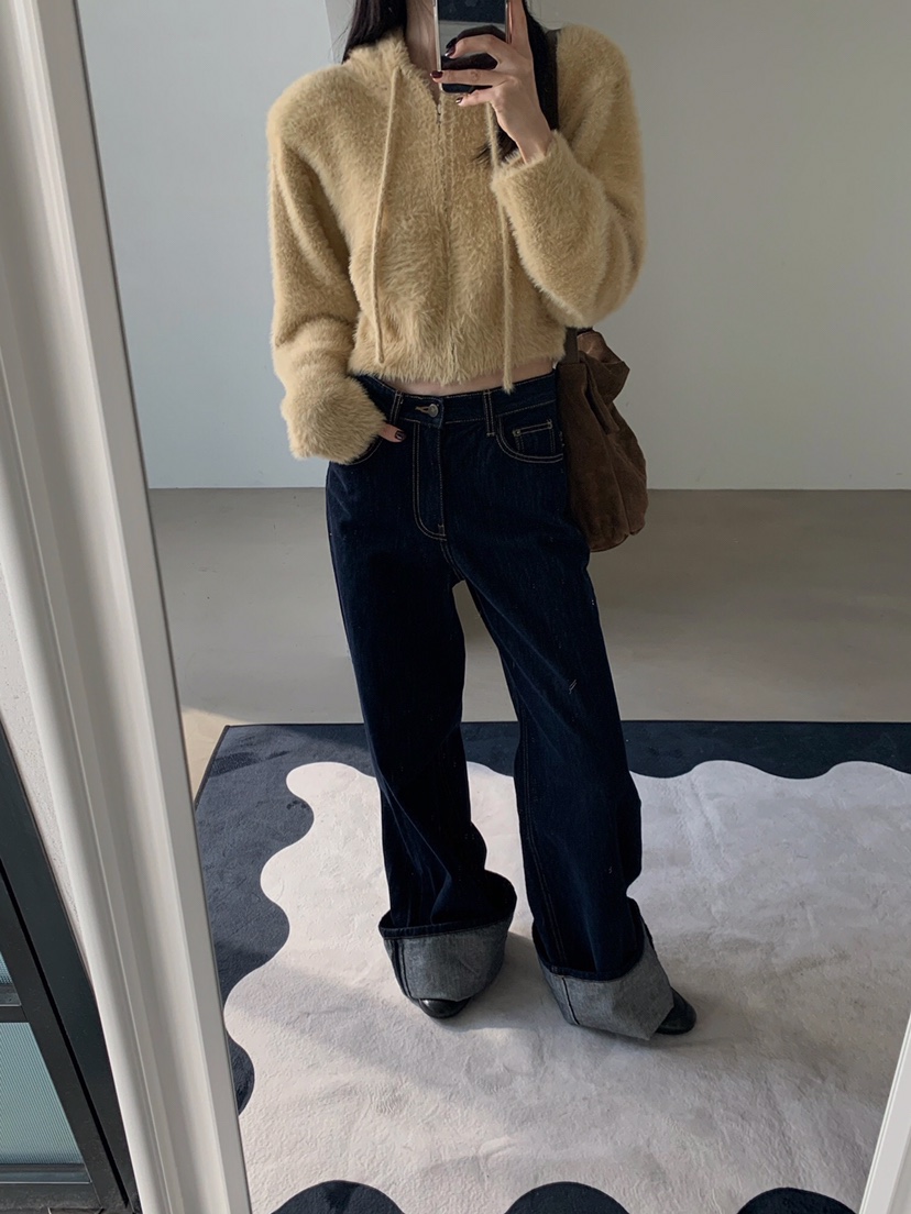 VERANDA韓國直郵㊣女士新品熱賣25秋冬針織衫連帽拉鏈衫貂皮VERANDA針織衫