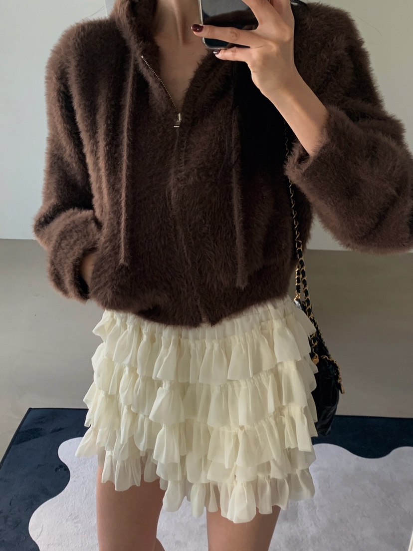 VERANDA韓國直郵㊣女士新品熱賣25秋冬針織衫連帽拉鏈衫貂皮VERANDA針織衫