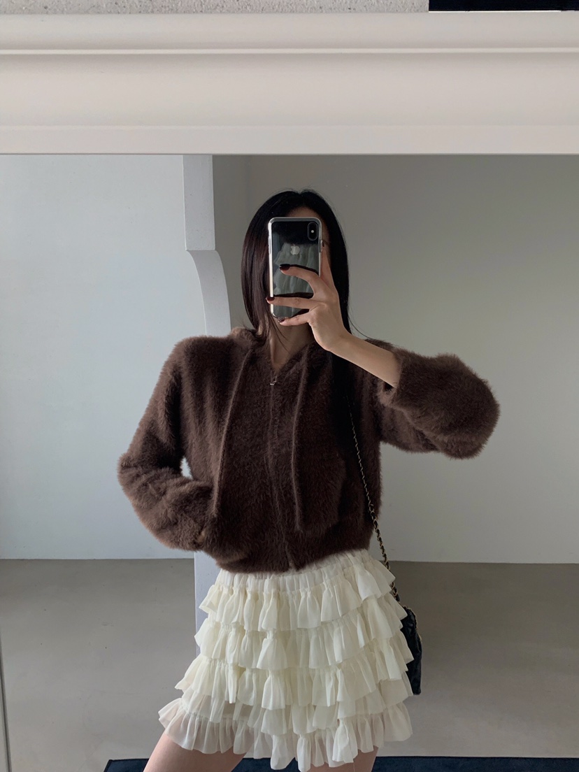 VERANDA韓國直郵㊣女士新品熱賣25秋冬針織衫連帽拉鏈衫貂皮VERANDA針織衫