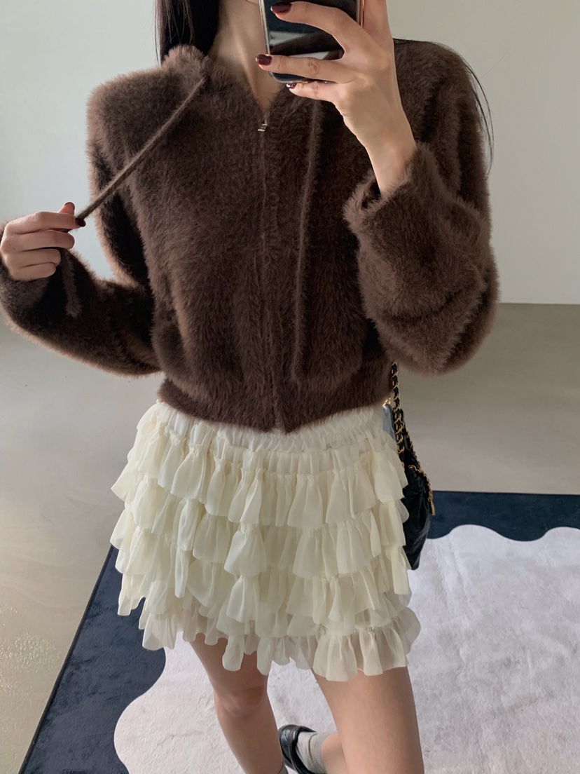 VERANDA韓國直郵㊣女士新品熱賣25秋冬針織衫連帽拉鏈衫貂皮VERANDA針織衫