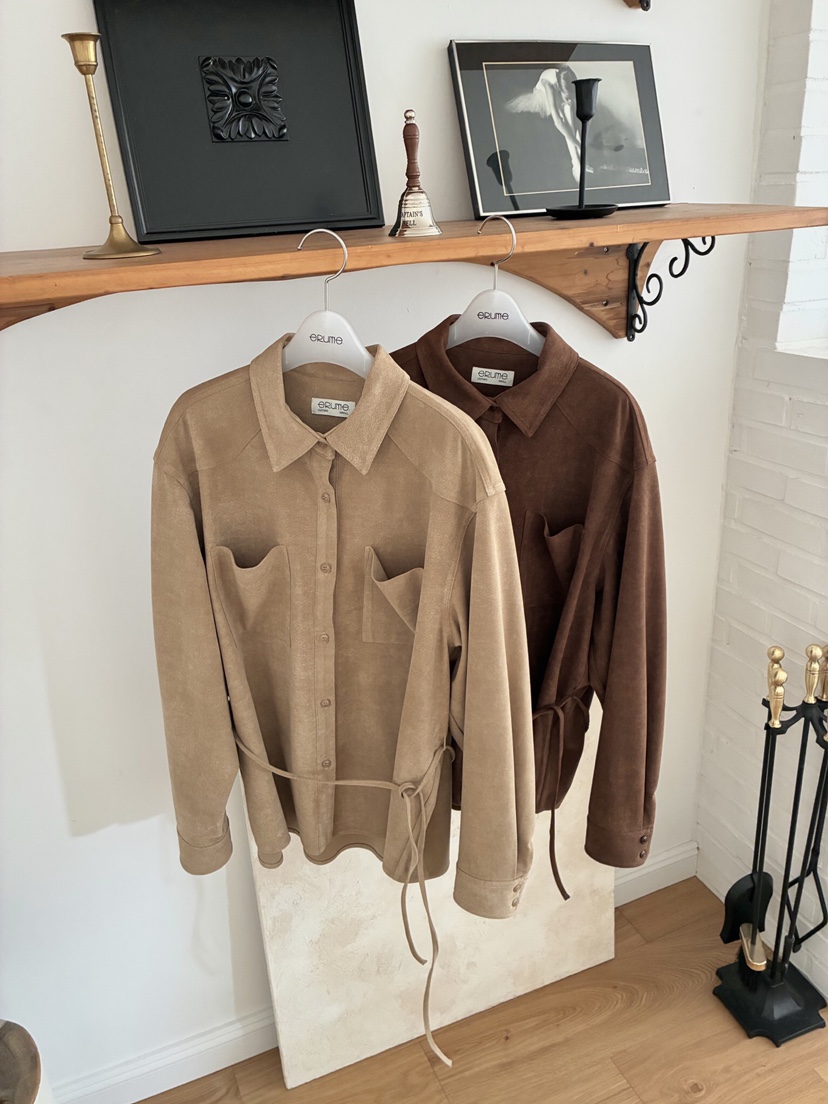 ERUME韓國直郵㊣女士新品人氣時尚推薦襯衫蕾絲衫含腰繩絨面革ERUME襯衫/蕾絲衫