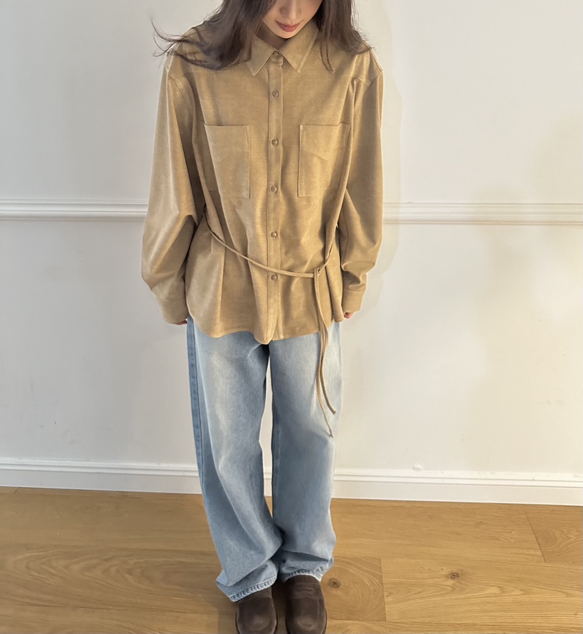 ERUME韓國直郵㊣女士新品人氣時尚推薦襯衫蕾絲衫含腰繩絨面革ERUME襯衫/蕾絲衫