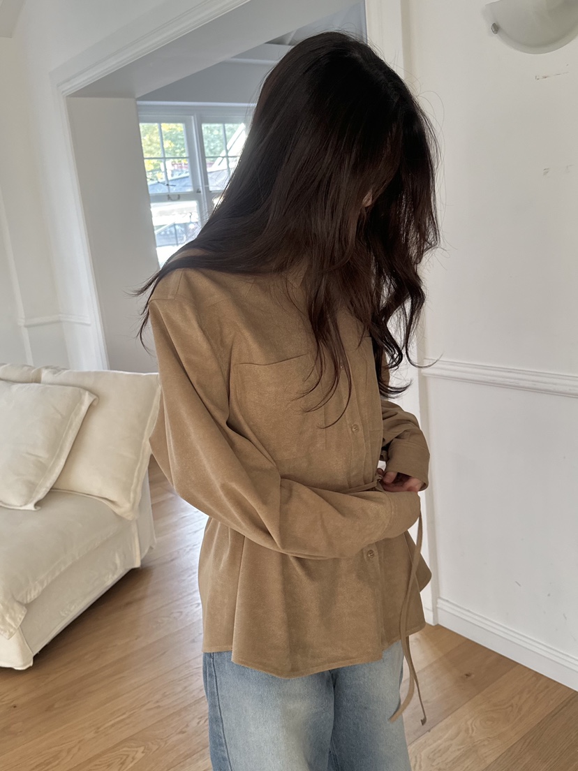 ERUME韓國直郵㊣女士新品人氣時尚推薦襯衫蕾絲衫含腰繩絨面革ERUME襯衫/蕾絲衫