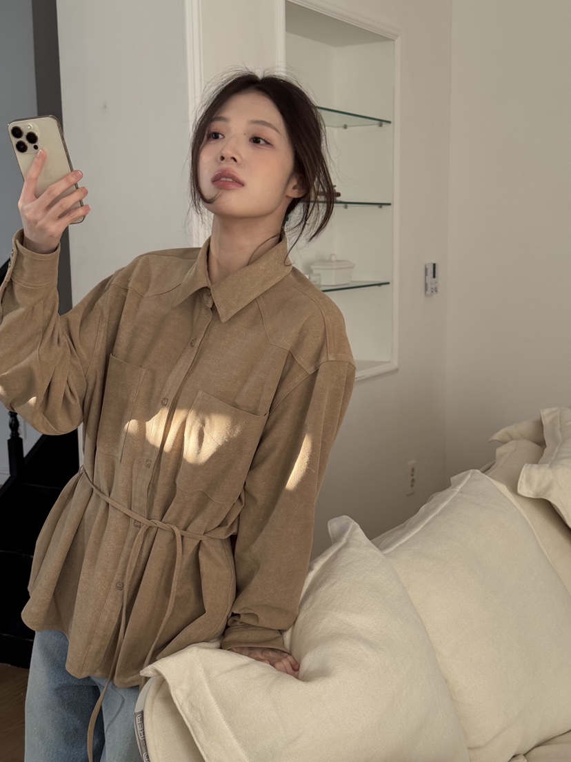 ERUME韓國直郵㊣女士新品人氣時尚推薦襯衫蕾絲衫含腰繩絨面革ERUME襯衫/蕾絲衫