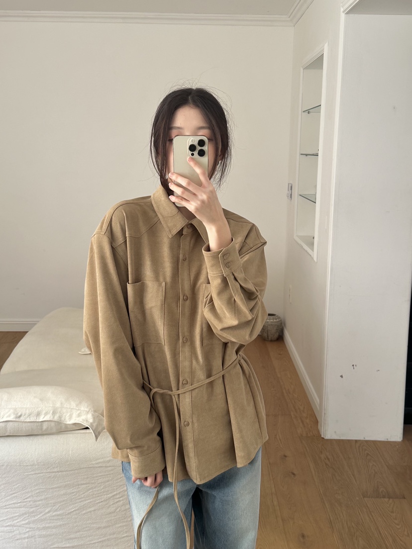 ERUME韓國直郵㊣女士新品人氣時尚推薦襯衫蕾絲衫含腰繩絨面革ERUME襯衫/蕾絲衫