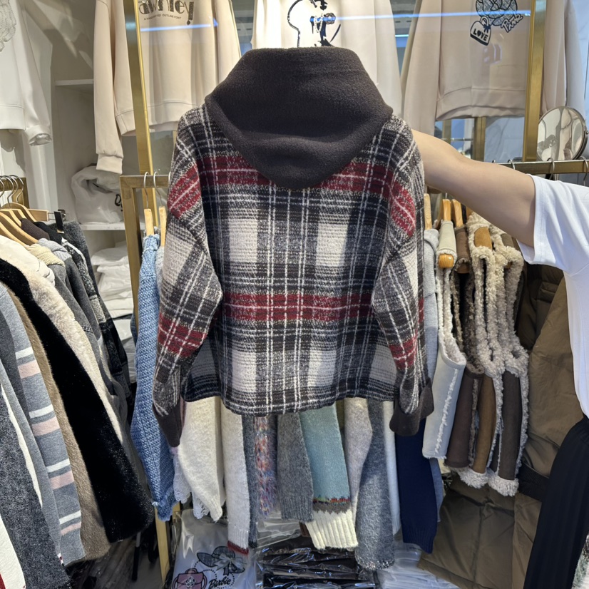 COCO HOLIC韓國代購㊣女士新品25秋冬職業熱賣夾克格子連帽COCO HOLIC夾克