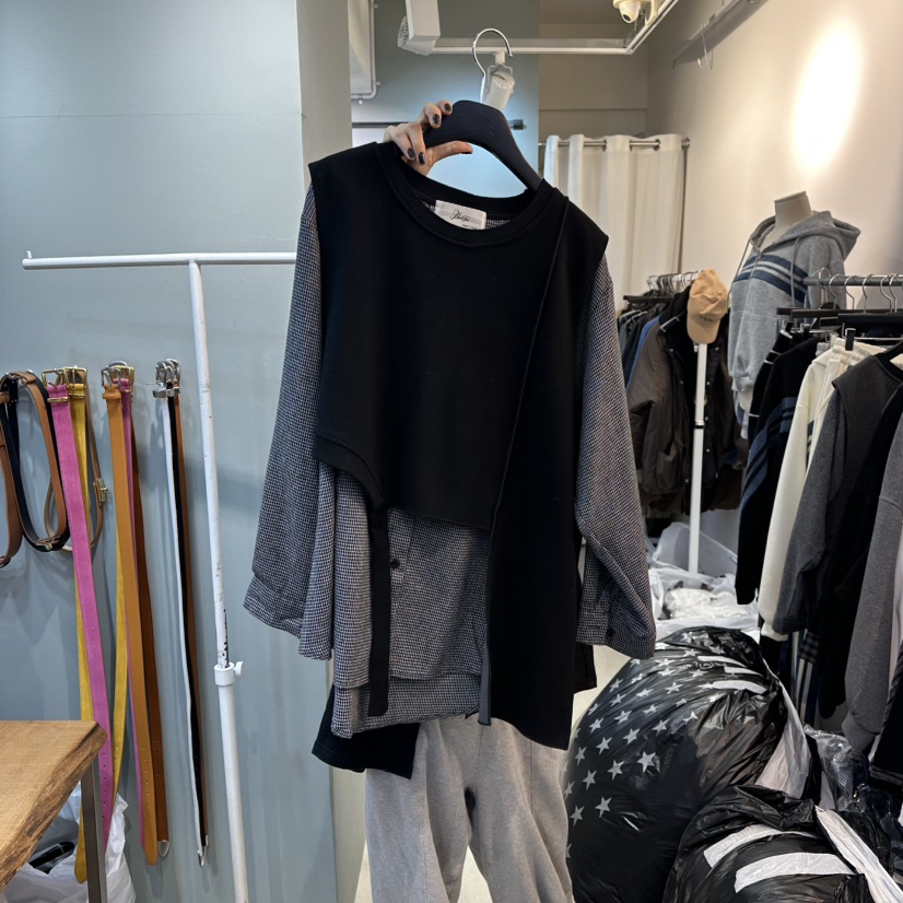 BAKHA東大門㊣代購女裝新品25秋冬休閑時尚職業衛衣假兩件格子BAKHA衛衣圖色2