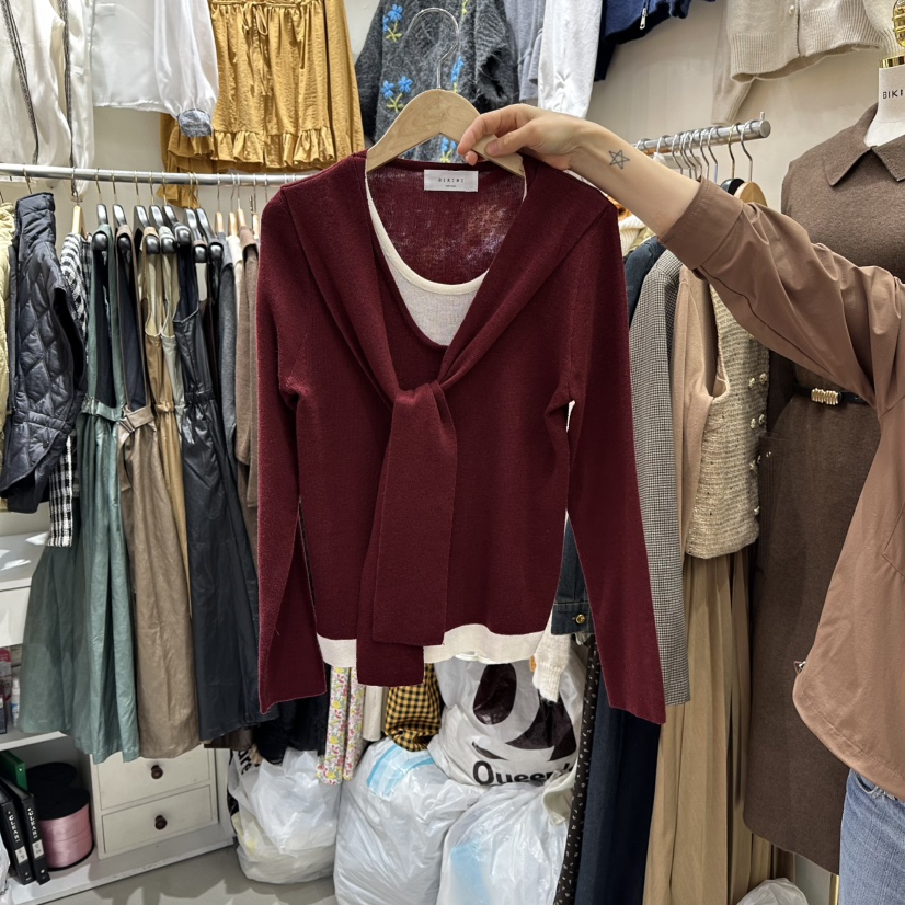 BIKINI韓國代購㊣女裝新品休閑推薦熱賣25秋冬人氣針織衫披肩BIKINI針織衫圖色1