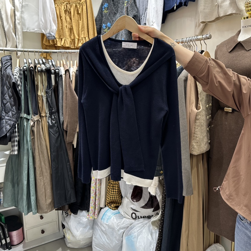 BIKINI韓國代購㊣女裝新品休閑推薦熱賣25秋冬人氣針織衫披肩BIKINI針織衫圖色2