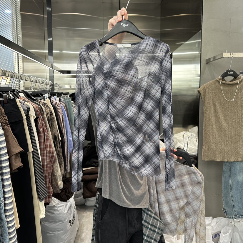 KIRKE韓國代購㊣女裝新款推薦時尚職業人氣休閑襯衫蕾絲衫格子KIRKE襯衫/蕾絲衫圖色1