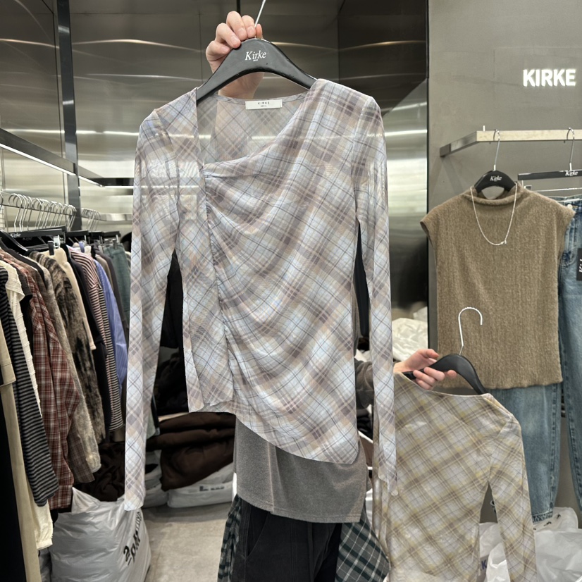 KIRKE韓國代購㊣女裝新款推薦時尚職業人氣休閑襯衫蕾絲衫格子KIRKE襯衫/蕾絲衫圖色2