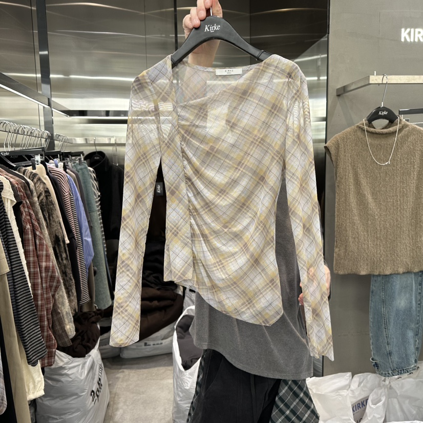 KIRKE韓國代購㊣女裝新款推薦時尚職業人氣休閑襯衫蕾絲衫格子KIRKE襯衫/蕾絲衫圖色3