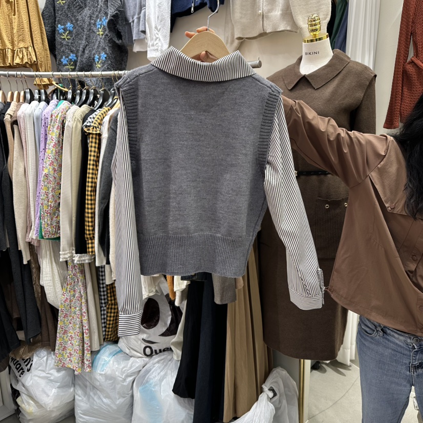 BIKINI韓國直郵㊣女士新款休閑熱賣時尚人氣25秋冬針織衫假兩件BIKINI針織衫