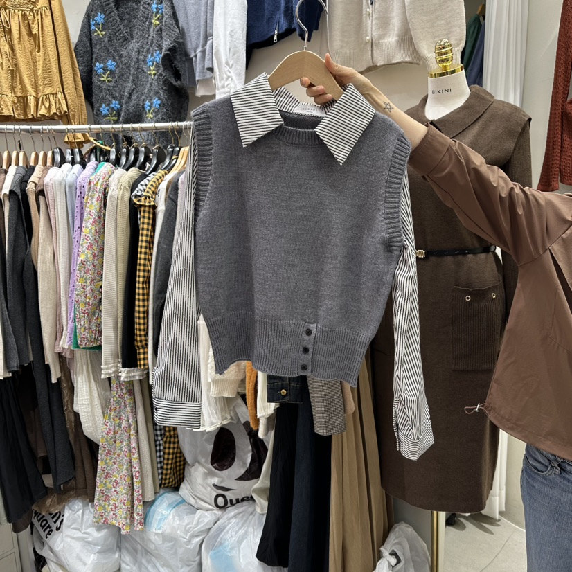 BIKINI韓國直郵㊣女士新款休閑熱賣時尚人氣25秋冬針織衫假兩件BIKINI針織衫圖色2