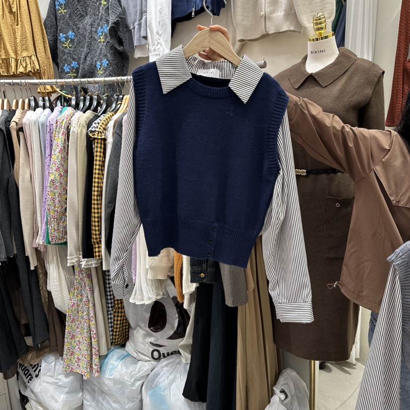 BIKINI韓國直郵㊣女士新款休閑熱賣時尚人氣25秋冬針織衫假兩件BIKINI針織衫圖色3