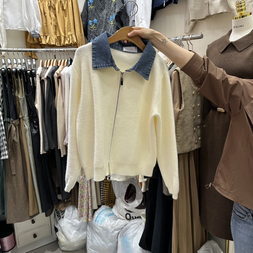 BIKINI韓國代購㊣女裝新品人氣職業推薦25秋冬休閑針織衫拉鏈BIKINI針織衫圖色2