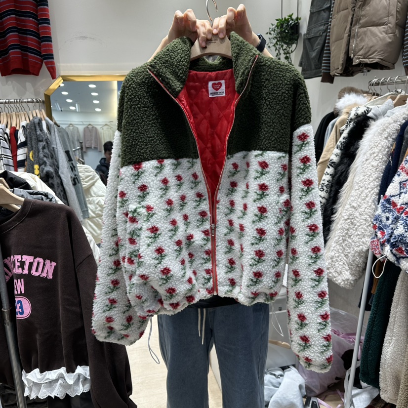 UNDERSTAR_VINTAGE東大門㊣直郵女裝新品職業夾克拉鏈花朵絎縫絨UNDERSTAR_VINTAGE夾克圖色1