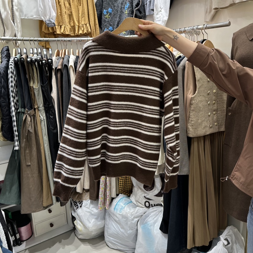 BIKINI東大門㊣實拍女士新品職業休閑人氣25秋冬針織衫條紋BIKINI針織衫