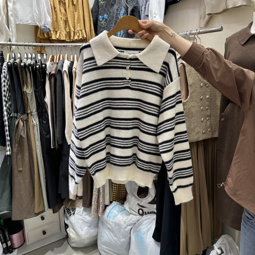 BIKINI東大門㊣實拍女士新品職業休閑人氣25秋冬針織衫條紋BIKINI針織衫圖色1