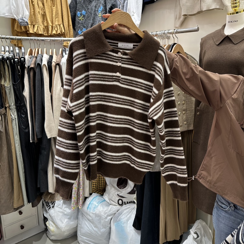 BIKINI東大門㊣實拍女士新品職業休閑人氣25秋冬針織衫條紋BIKINI針織衫圖色2