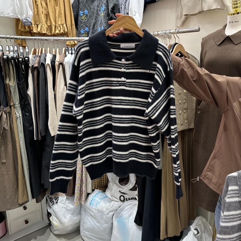 BIKINI東大門㊣實拍女士新品職業休閑人氣25秋冬針織衫條紋BIKINI針織衫圖色3