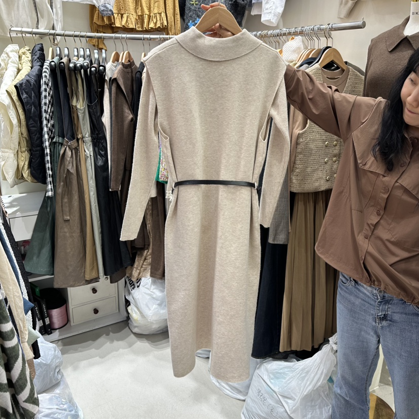 BIKINI韓國代購㊣女士新款休閑25秋冬人氣連衣裙含腰帶口袋BIKINI連衣裙