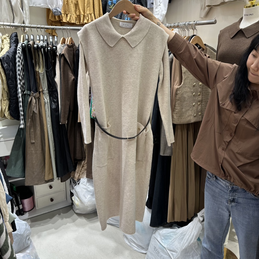 BIKINI韓國代購㊣女士新款休閑25秋冬人氣連衣裙含腰帶口袋BIKINI連衣裙圖色1