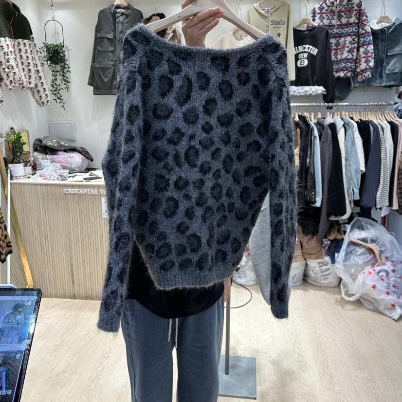 UNDERSTAR_VINTAGE韓國直郵㊣女裝新款休閑針織衫安哥拉羊毛衫豹紋UNDERSTAR_VINTAGE針織衫