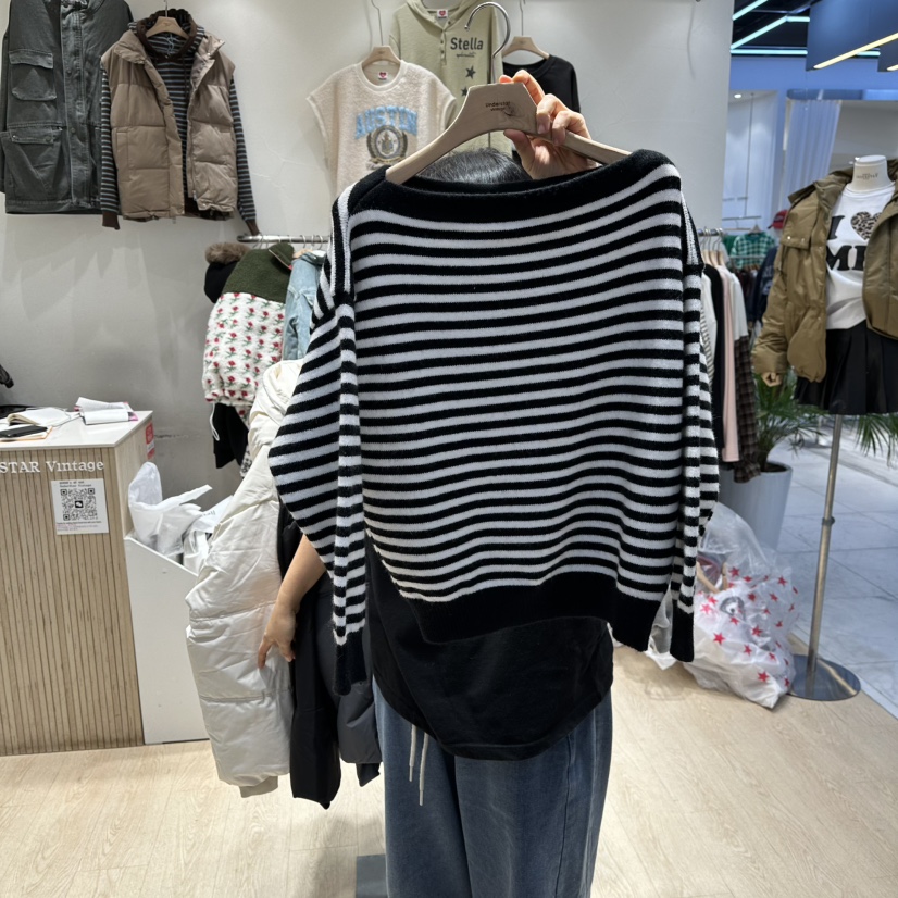 UNDERSTAR_VINTAGE東大門㊣代購女士新品推薦職業針織衫露肩UNDERSTAR_VINTAGE針織衫圖色1