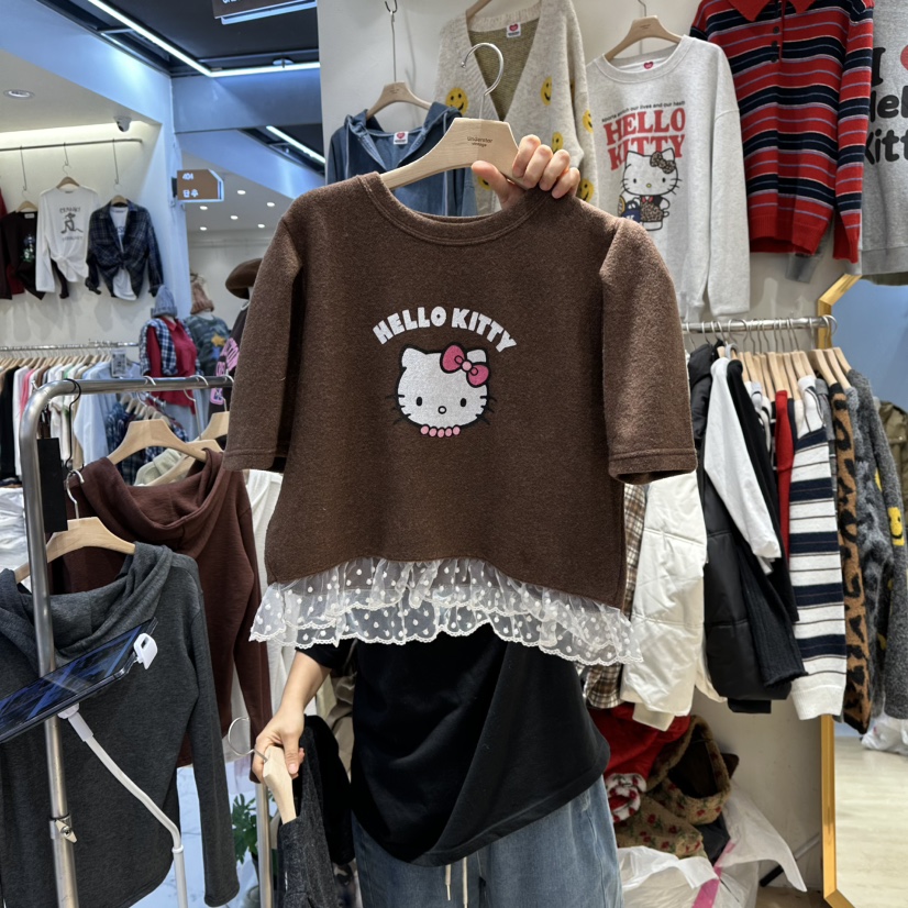 UNDERSTAR_VINTAGE東大門㊣直郵女裝新品25秋冬T恤泡泡袖蕾絲UNDERSTAR_VINTAGET恤圖色2