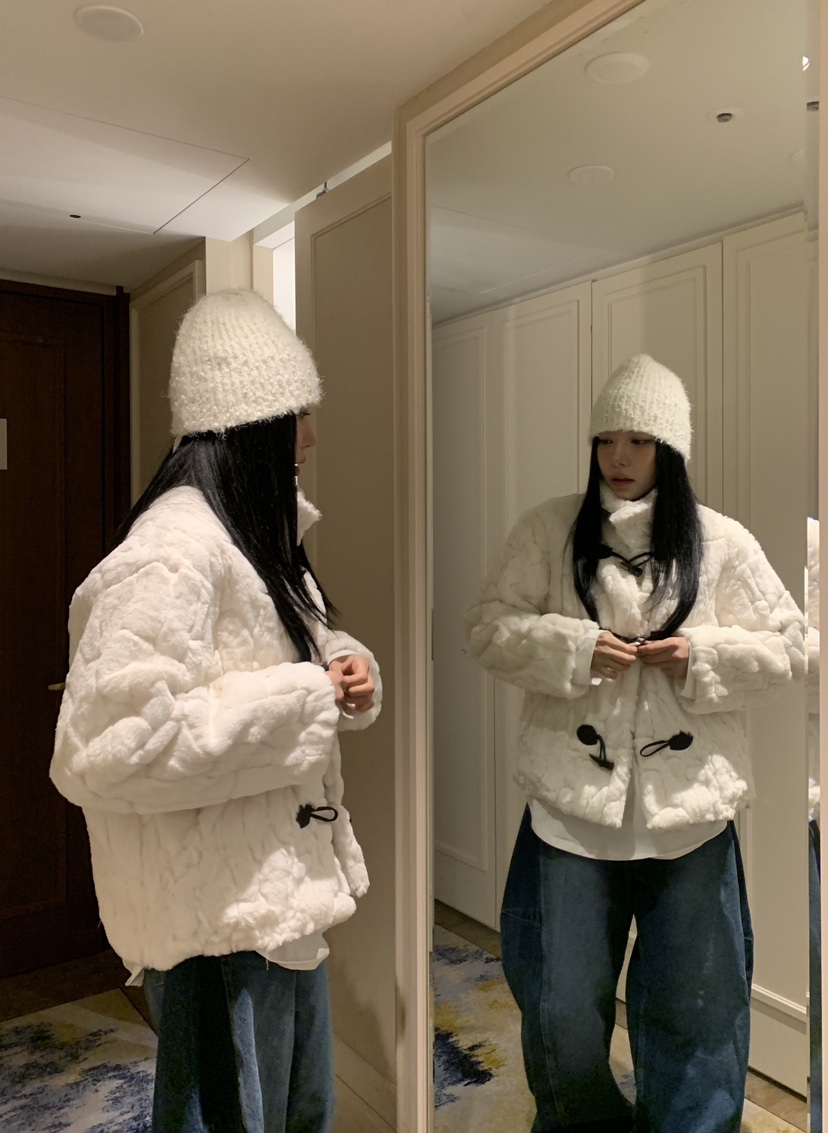 BADCALM韓國直郵㊣女士新品推薦人氣休閑短款大衣帆布包貂皮BADCALM短款大衣