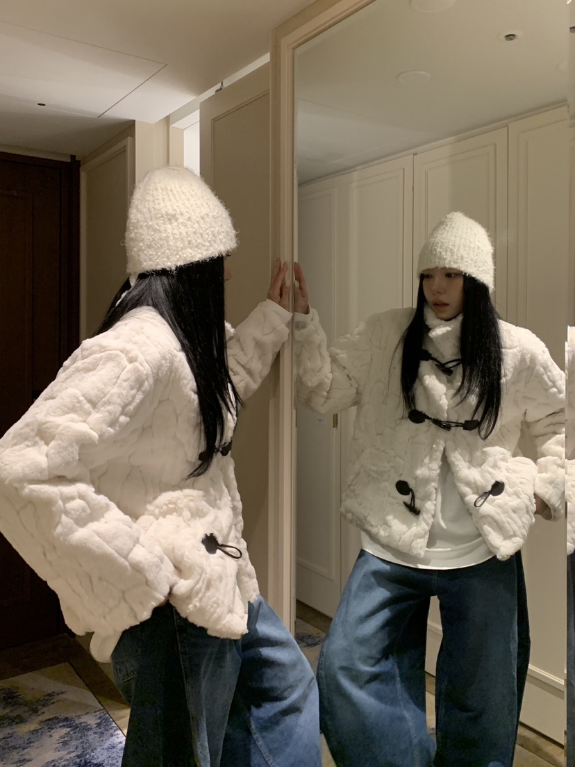 BADCALM韓國直郵㊣女士新品推薦人氣休閑短款大衣帆布包貂皮BADCALM短款大衣