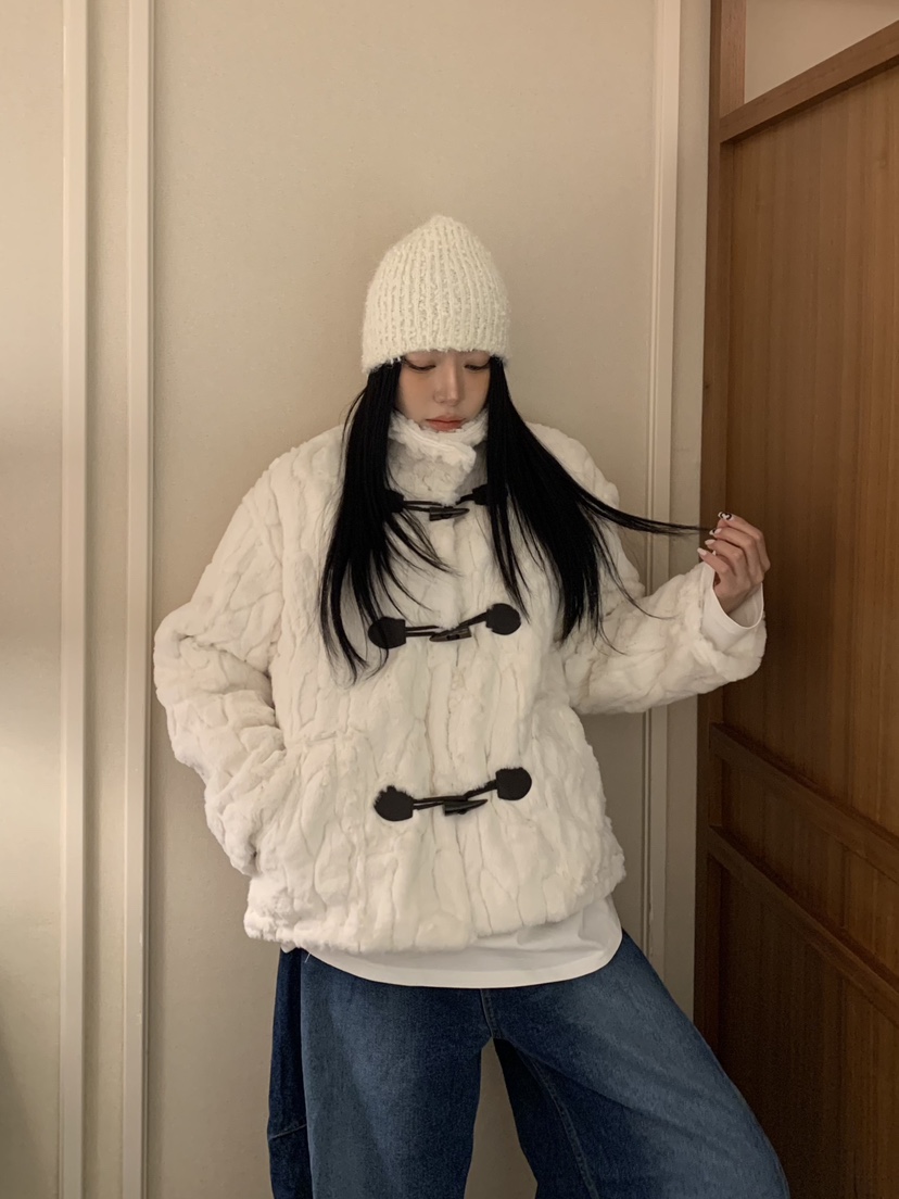 BADCALM韓國直郵㊣女士新品推薦人氣休閑短款大衣帆布包貂皮BADCALM短款大衣