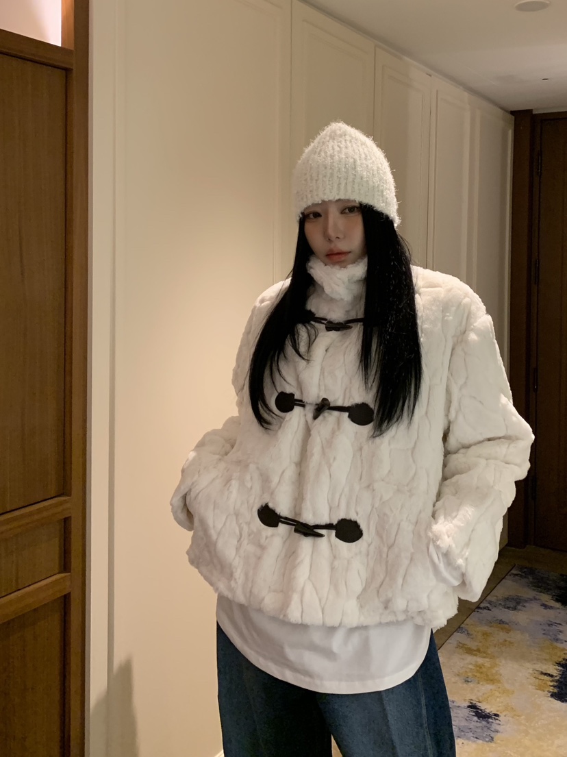 BADCALM韓國直郵㊣女士新品推薦人氣休閑短款大衣帆布包貂皮BADCALM短款大衣