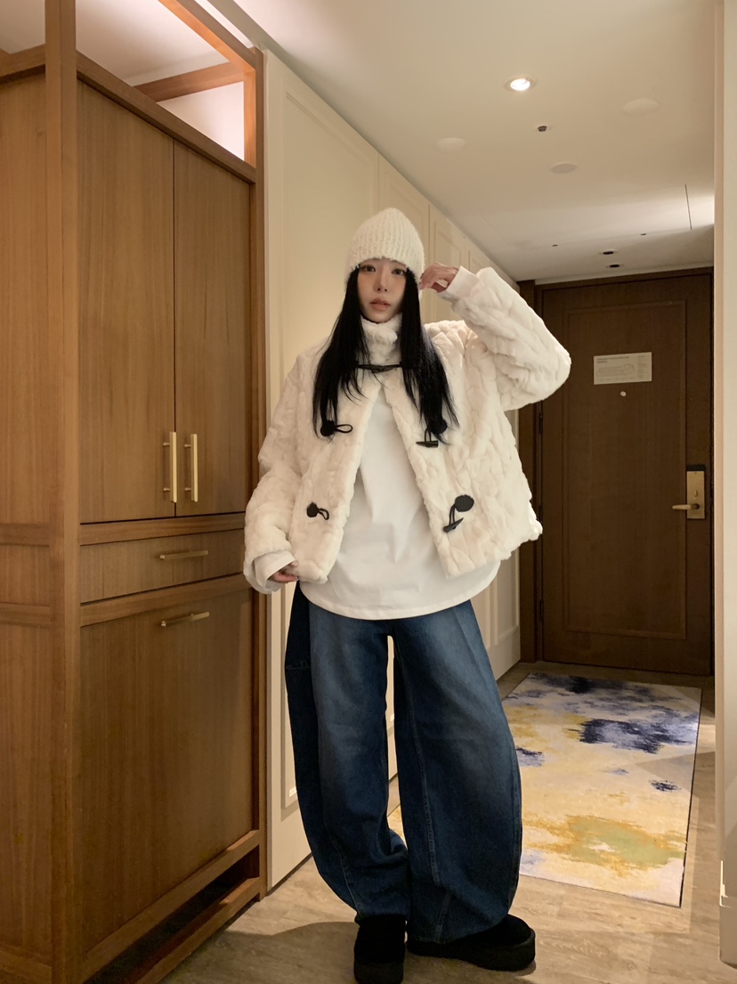 BADCALM韓國直郵㊣女士新品推薦人氣休閑短款大衣帆布包貂皮BADCALM短款大衣