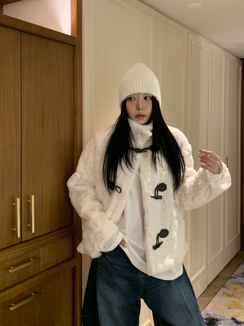 BADCALM韓國直郵㊣女士新品推薦人氣休閑短款大衣帆布包貂皮BADCALM短款大衣