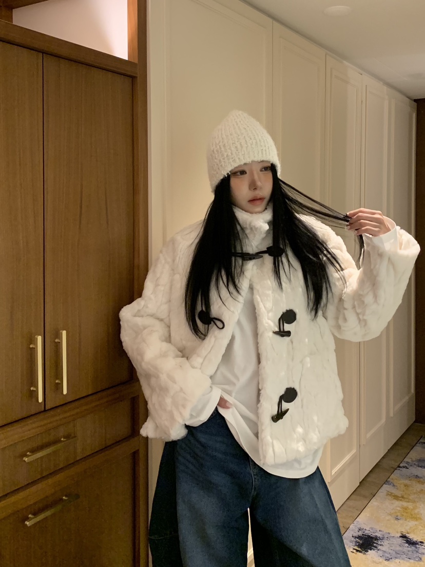 BADCALM韓國直郵㊣女士新品推薦人氣休閑短款大衣帆布包貂皮BADCALM短款大衣