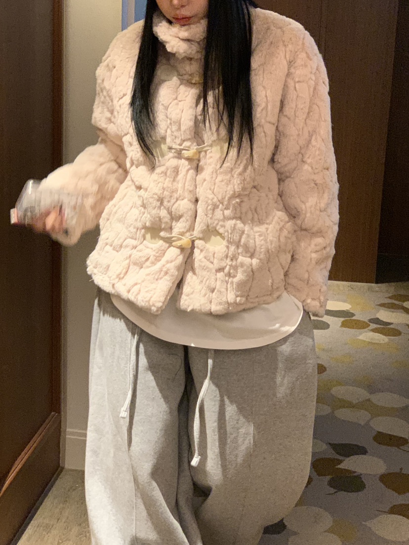 BADCALM韓國直郵㊣女士新品推薦人氣休閑短款大衣帆布包貂皮BADCALM短款大衣