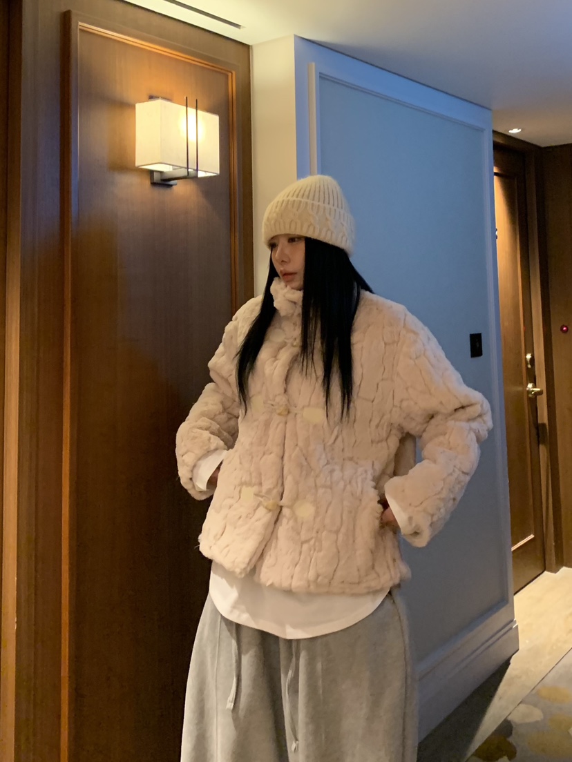 BADCALM韓國直郵㊣女士新品推薦人氣休閑短款大衣帆布包貂皮BADCALM短款大衣