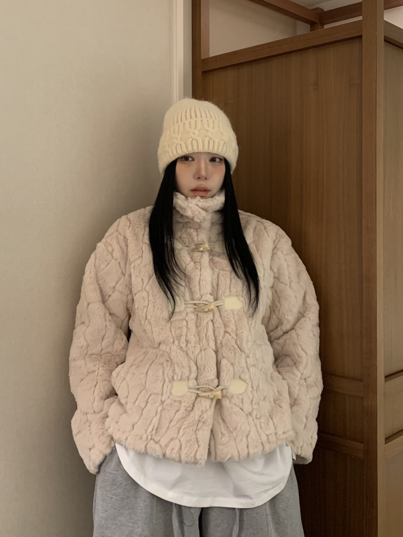 BADCALM韓國直郵㊣女士新品推薦人氣休閑短款大衣帆布包貂皮BADCALM短款大衣