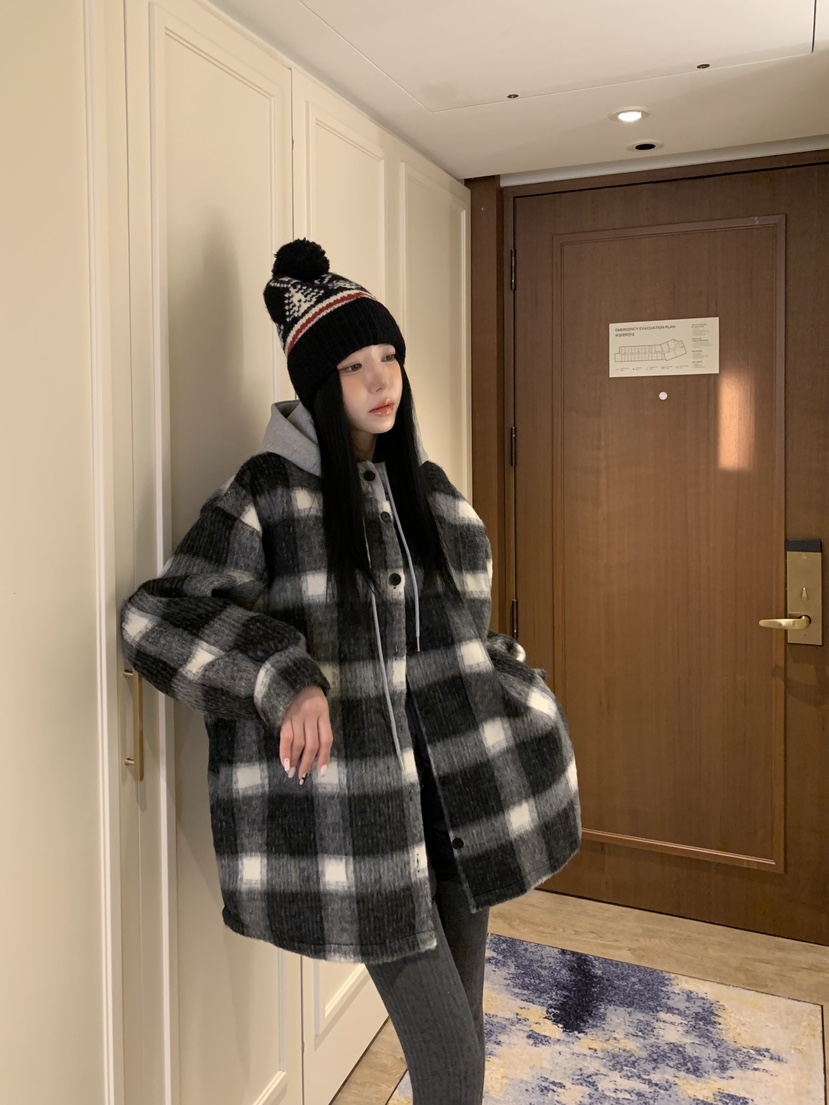 BADCALM東大門㊣直郵女裝新款時尚休閑25秋冬職業夾克羊毛格紋BADCALM夾克