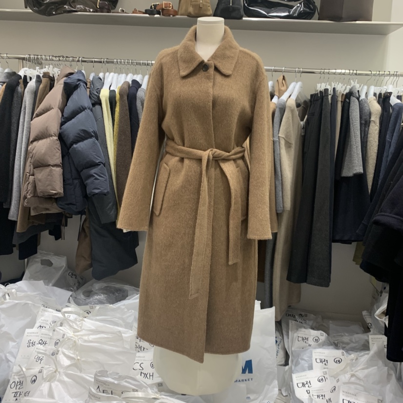WOOD SAGE韓國代購㊣女裝新款人氣中長款大衣含腰帶馬海毛手工WOOD SAGE中長款大衣圖色3