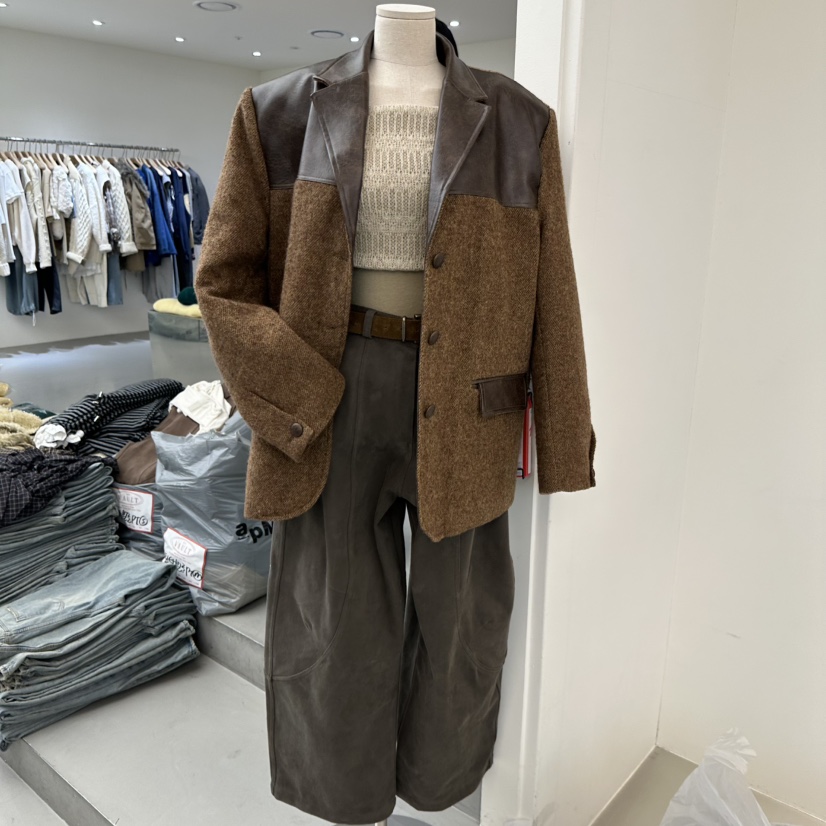 VAULT東大門㊣實拍女士新品25秋冬熱賣職業人氣夾克人字紋皮革VAULT夾克