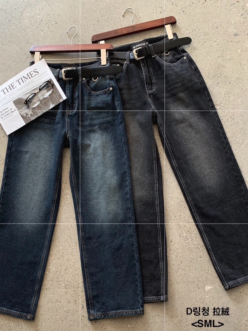 DAVICHI東大門㊣代購女士新款熱賣人氣牛仔褲含隨機腰帶拉絨DAVICHI牛仔褲
