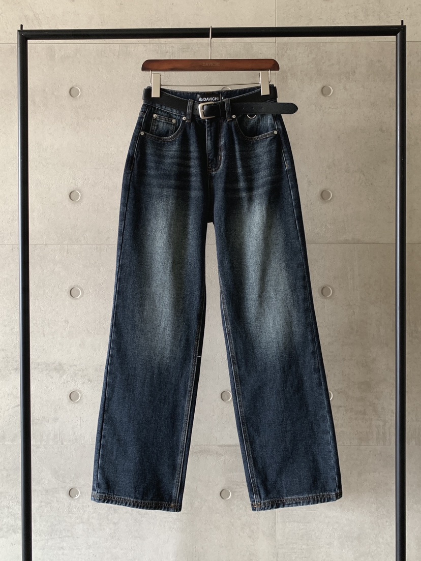 DAVICHI東大門㊣代購女士新款熱賣人氣牛仔褲含隨機腰帶拉絨DAVICHI牛仔褲圖色1