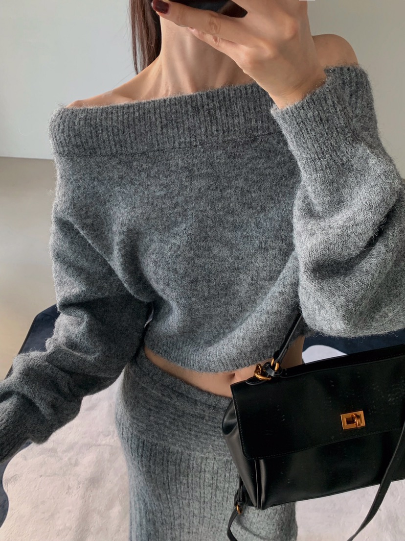 VERANDA韓國直郵㊣女士新品休閑人氣推薦時尚套裝馬海毛露肩VERANDA套裝