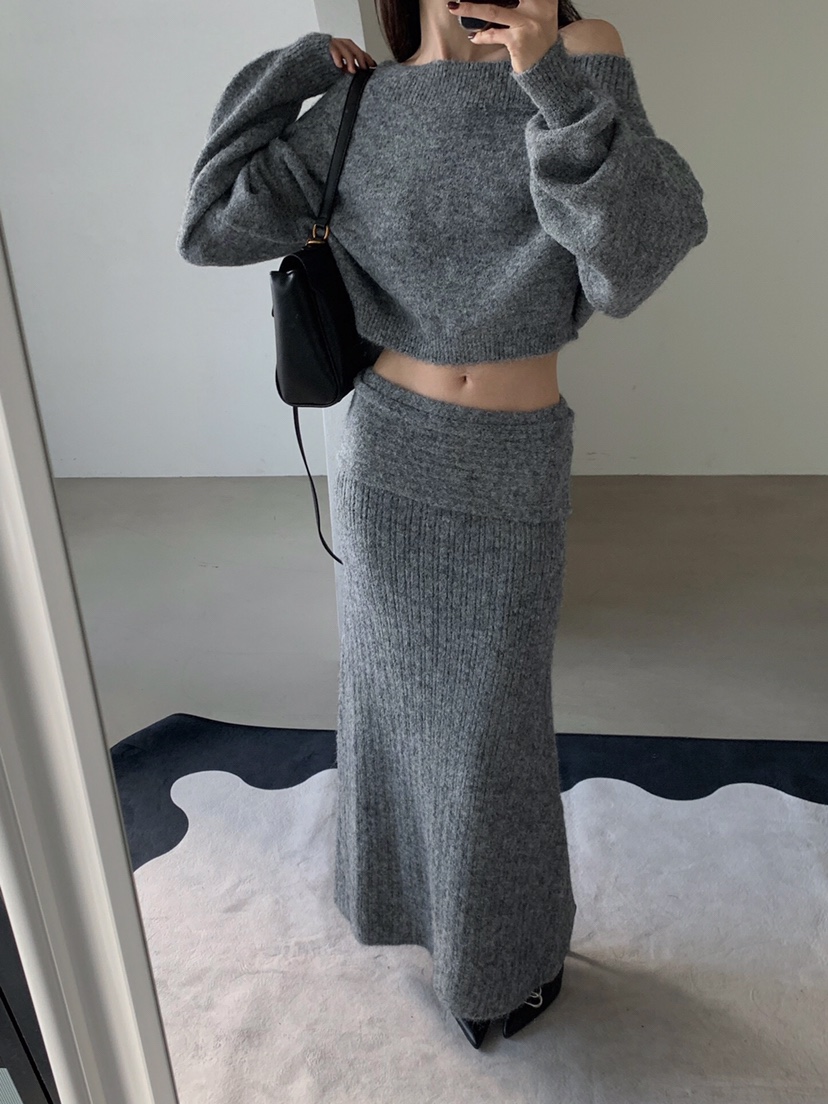 VERANDA韓國直郵㊣女士新品休閑人氣推薦時尚套裝馬海毛露肩VERANDA套裝